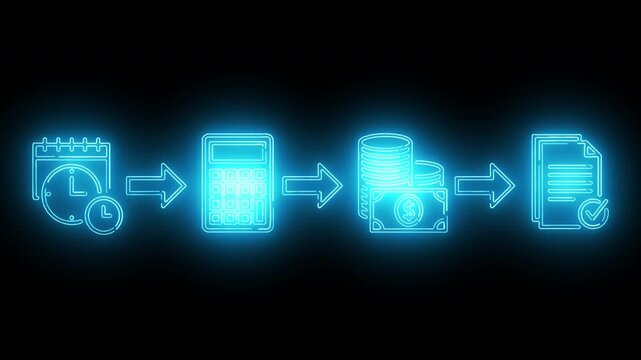 Neon-lit icons depicting a workflow process on a black background with glowing blue arrows