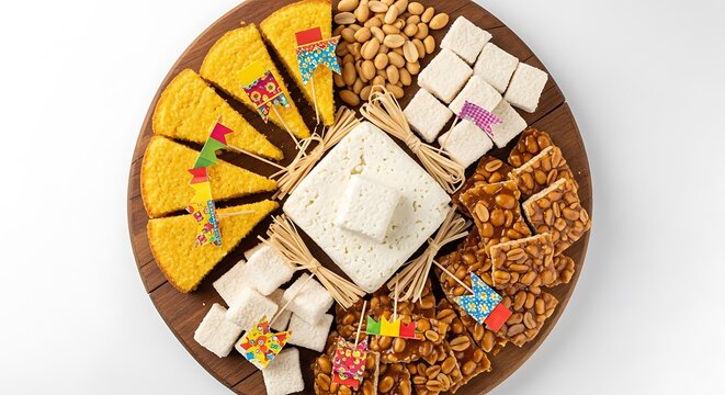 A traditional Indian dessert platter with various sweet treats and nuts arranged on a wooden plate