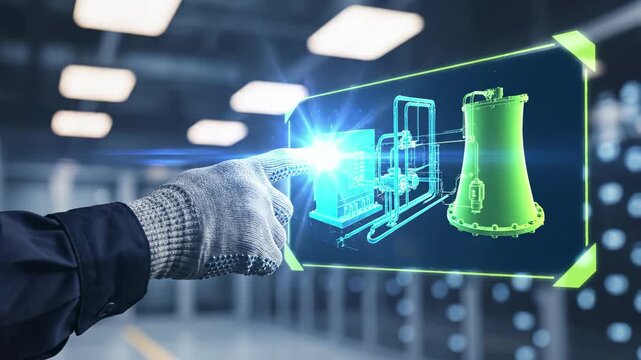 Gloved technician touches digital of industrial reactor and turbine equipment. Smart engineering visualization and nuclear power plant machinery inspection for advanced maintenance technology