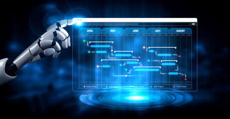 Fototapeta premium Futuristic Robot Hand Interacting with Digital Gantt Chart Displaying Project Timeline and Task Management in a High-Tech Environment Sigmoid