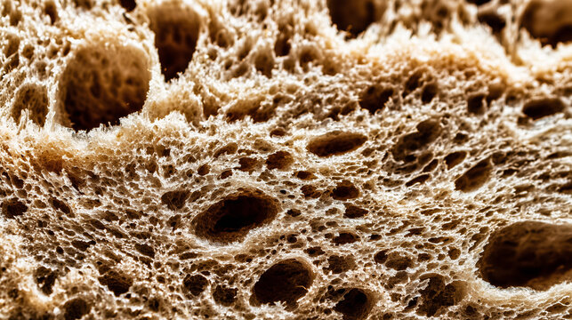 Macro view of artisan bread crumb structure showing detailed air pockets and texture. Ideal for food, baking, and culinary backgrounds.