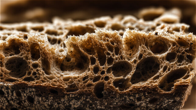 Detailed macro shot of artisan bread showing crust and airy crumb structure. Ideal for baking, food texture, and culinary backgrounds.