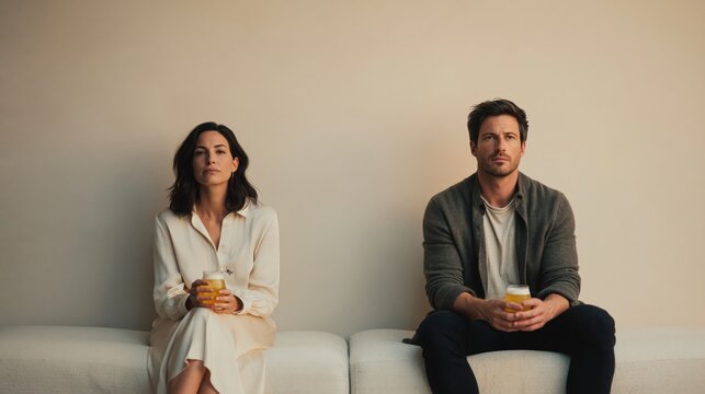 Serious couple sitting apart on sofa holding drinks against beige wall, modern lifestyle portrait with copy space for relationship or mental health themes