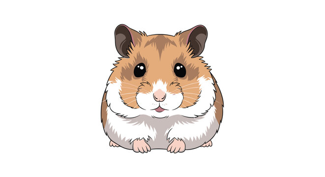 A charming and fluffy brown and white hamster sits attentively facing forward with large dark eyes and delicate pink paws against a plain white background.