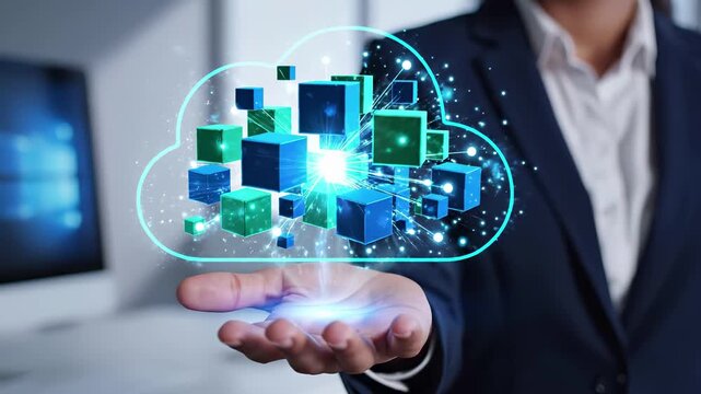 Business executive holding virtual cloud computing with floating data cubes and network connections. Digital storage technology and infrastructure management for enterprise service and innovation