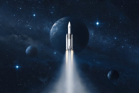 Rocket Launches Into Space From the Earth in a Dark Sky With Distant Planets and Stars Visible