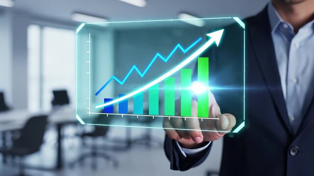 Business executive holding virtual bar chart and rising arrow graph in office. Financial growth analytics and investment profit performance for corporate strategy market success and revenue increase