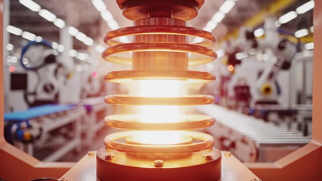 Glowing electromagnetic copper coil inductor in automated factory with robotic assembly line. Industrial manufacturing technology and electric energy component production for advanced engineering