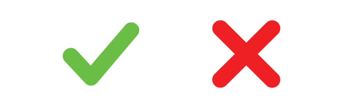  yes or no checkmark icons in green tick box and red cross. vector illustration