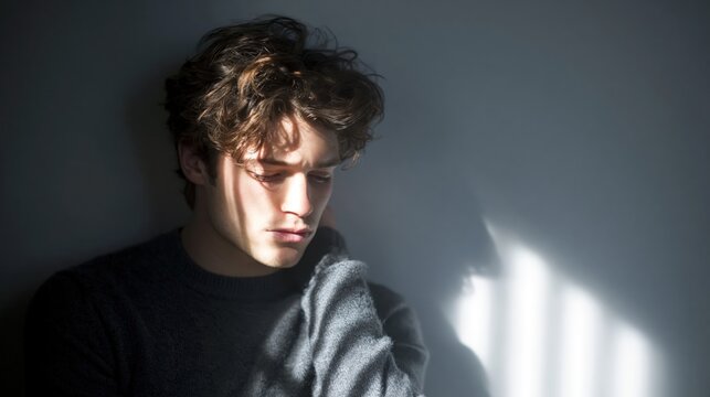 Sad young man sitting alone in moody light, dramatic shadows on face, copy space on grey wall background for mental health or loneliness concepts