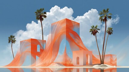 Obraz premium Surreal desert architecture with orange flowing fabric around modern cubes and palm trees under blue sky with clouds, futuristic landscape with copy space