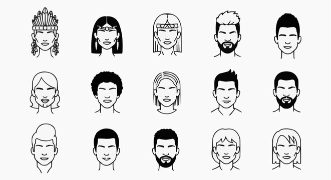 Set of Diverse Human Avatar Outline Icons