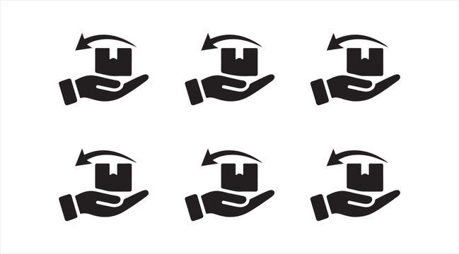 Black package return icon collection with parcel exchange and delivery symbols