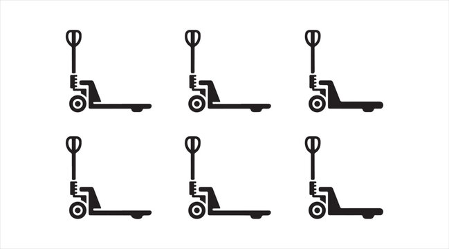 Black pallet jack icon collection with warehouse lifting tools in minimal flat style