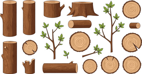 Wood logs and tree branches vector set with trunks, stumps and cut sections, natural timber elements collection for forestry and design illustration bundle © Mifta