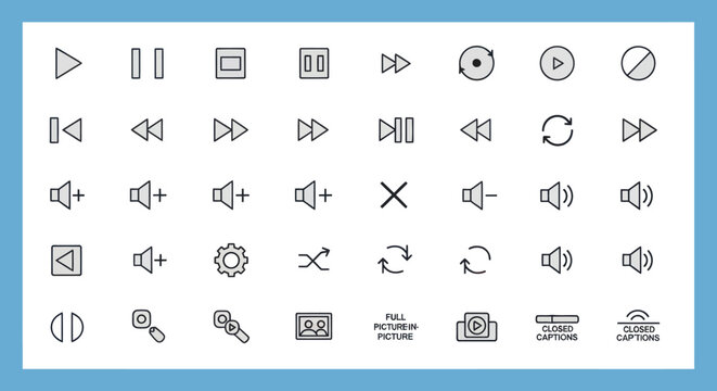Collection of modern media player icons and symbols.