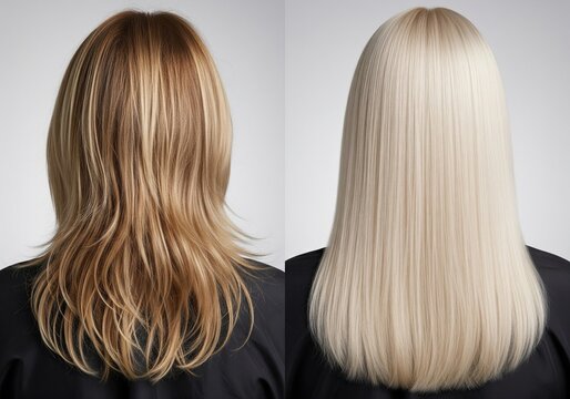 Split image showing a before and after hair transformation, from damaged blonde to smooth platinum blonde
