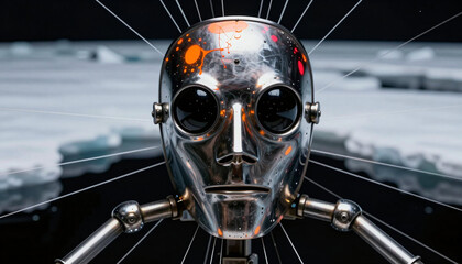 Fototapeta premium Metallic Robotic Head Iconography with Circuitry Glow Against Dark Background