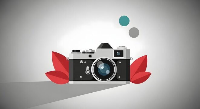World Photography Day Minimalist digital camera illustration with red leaves on grey background for professional photography branding concept