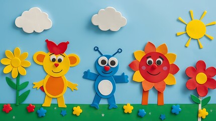 Fototapeta premium Colorful Handmade Characters and Decorative Elements on Blue Background.