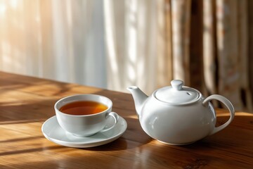 Fototapeta premium Tea Served in a White Cup Beside a Teapot on a Wooden Table in a Sunlit Room