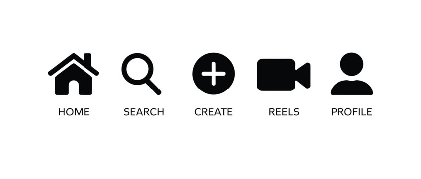Social media app icons home search create reels profile