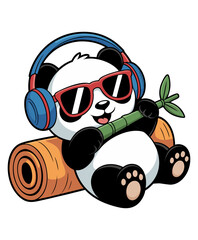 A cartoon illustration of a cute panda bear wearing blue headphones and red sunglasses, relaxing on a rolled-up exercise mat © Erkan
