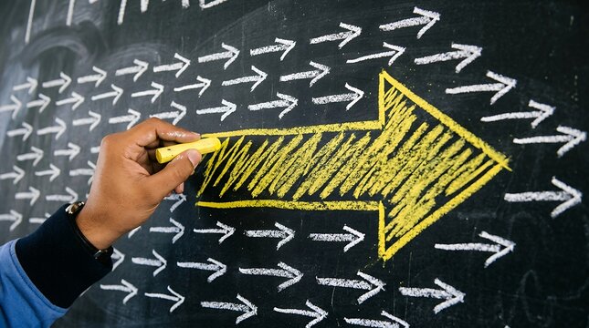 Bold yellow arrow breaking away from a crowd of white arrows on a blackboard, symbolizing leadership and innovation. A hand draws the large arrow, representing strategic direction and individual