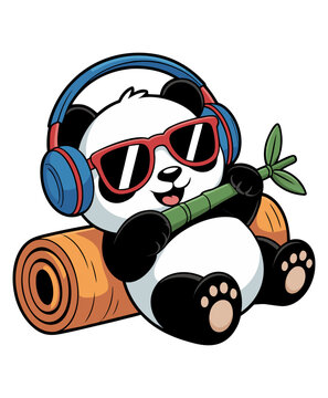 A cartoon illustration of a cute panda bear wearing blue headphones and red sunglasses, relaxing on a rolled-up exercise mat