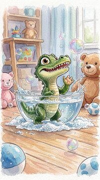 Cute Watercolor Crocodile Playing in Bubble Bath with Toys in Kids Room