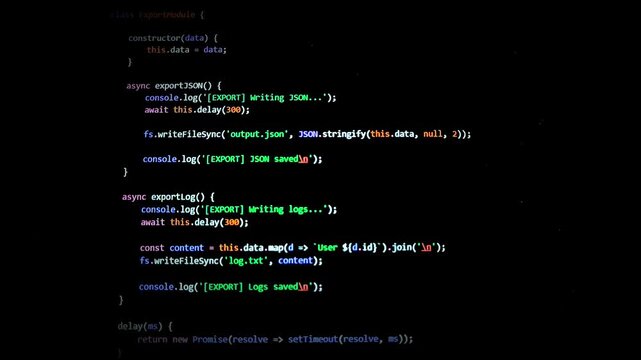 Code appears on screen with vignette effect during programming activity. Developer writes script in dark interface environment. Technology concept shows focused coding process and software