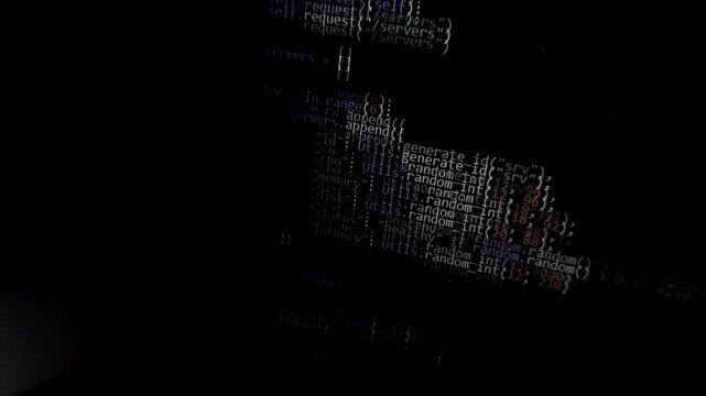 Code scrolls on screen with vignette effect in dark environment. Programming script moves across interface showing development process. Technology concept highlights hacking and software