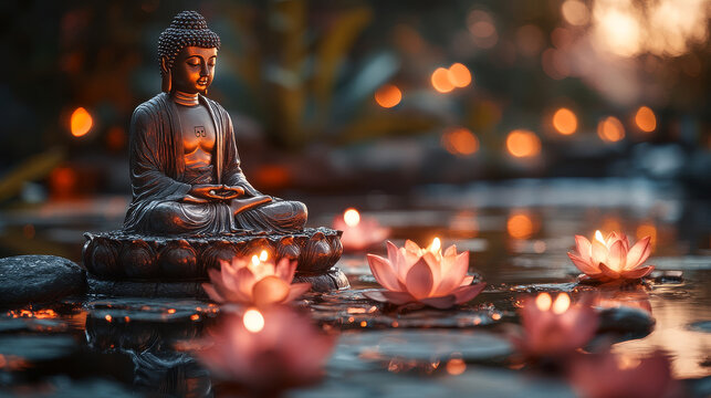 Meditating Buddha Statue, pink Lotus Flowers with burning candles in water in the pond. Buddha Purnima. Vesak day. Buddhist Holiday background, copy space