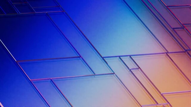 Abstract loop animation of layered partition glass panels with blue and orange gradient lighting. Futuristic geometric background with transparent surfaces and modern digital technology aesthetic.