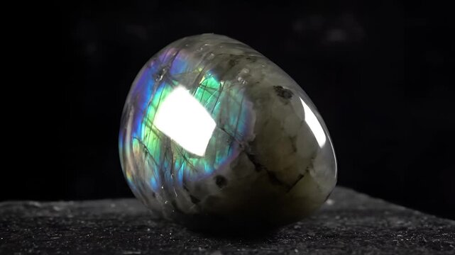 Closeup of a polished Labradorite gemstone displaying vibrant iridescent colors.