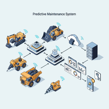 Predictive Maintenance System with Connected Construction Vehicles and Data Analysis.