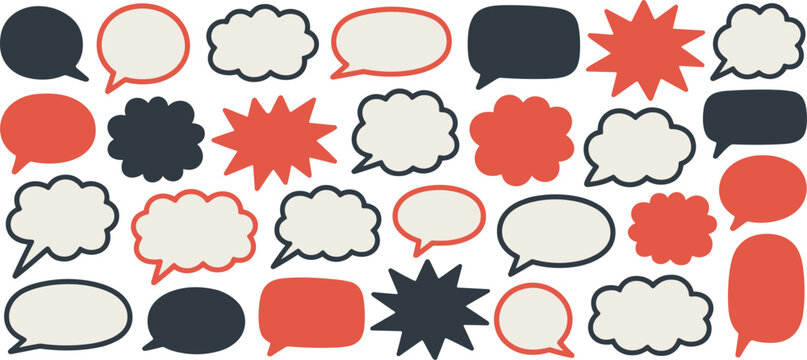 Collection of hand drawn speech bubbles and starburst shapes in red dark blue and beige thought bubble
