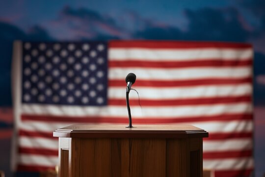 Speakers Podium in Front of American Flag in a Congressional Chamber During a Session