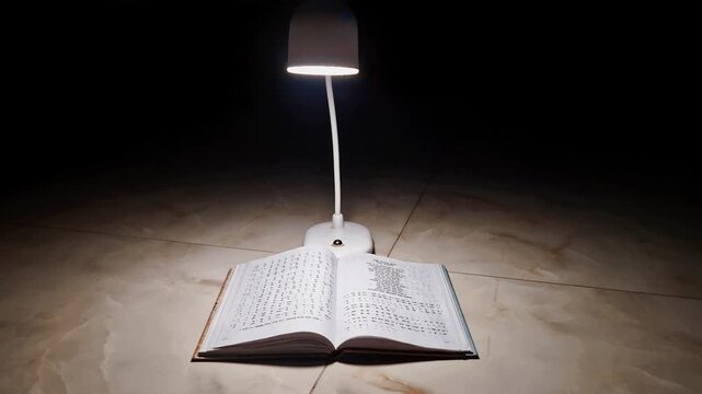 Open book under modern desk lamp, warm cinematic lighting, macro focus on pages, soft glow, intellectual mood, shallow depth of field, storytelling composition, 4K.
