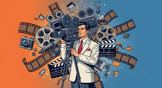 World Photography Day Vintage comic book style illustration of a filmmaker with a classic movie camera surrounded by film strips and cinema gear