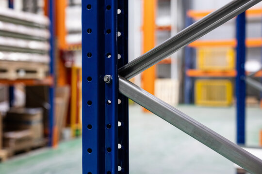tall metal warehouse racks with blue vertical beams