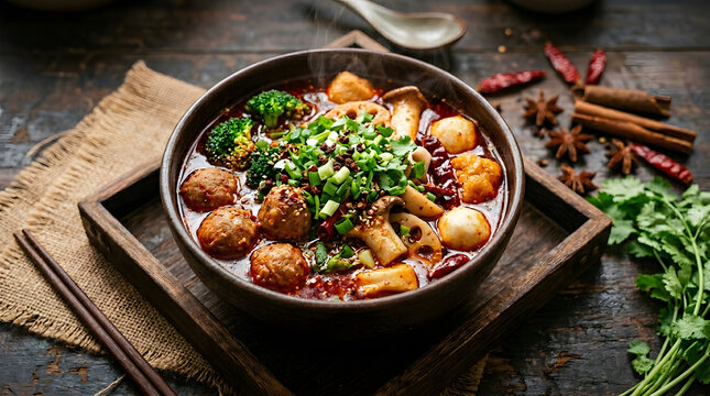 A vibrant bowl of spicy Asian hot pot or mala tang with fresh ingredients on a wooden table.
