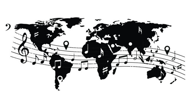 Music festival world tour map with musical notes
