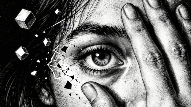 A black and white hyper-realistic drawing of a face shattering into geometric cubes.