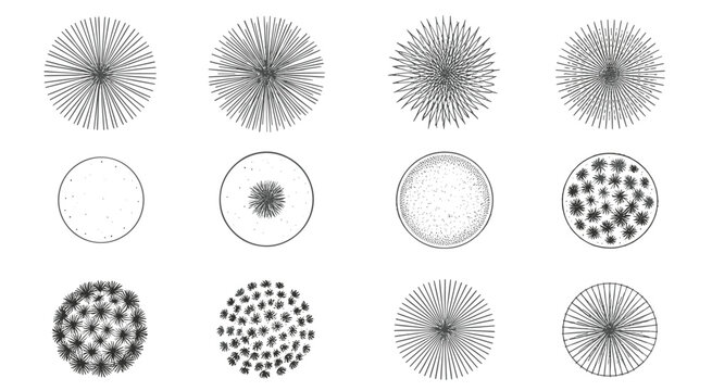 Twelve circular black and white representations of stylized trees viewed from above overhead view aerial view