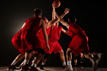 Fototapeta premium Players Compete in a Basketball Match With Bright Lights in a Sports Arena