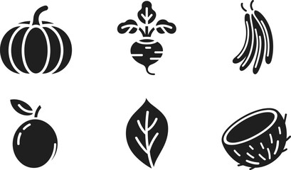 Collection of six black food and plant on white background, pumpkin squash beet root vegetable bananas © Sagor