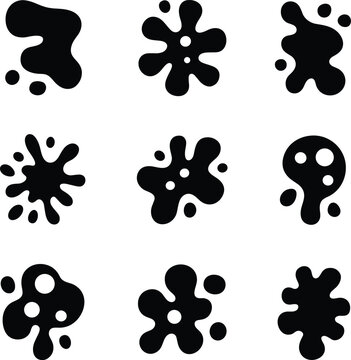 Nine black ink splatter and blob shapes with circles on white background, ink blot ink drop liquid splash