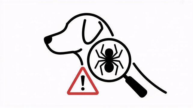 A warning sign featuring a dog and a magnifying glass with a spider inside.