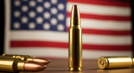 Obraz premium Brass bullet standing in front of the flag of the United States. Ammunition and rifle cartridge for weapon. Concept of national security, gun policy, defense, patriotism and law.